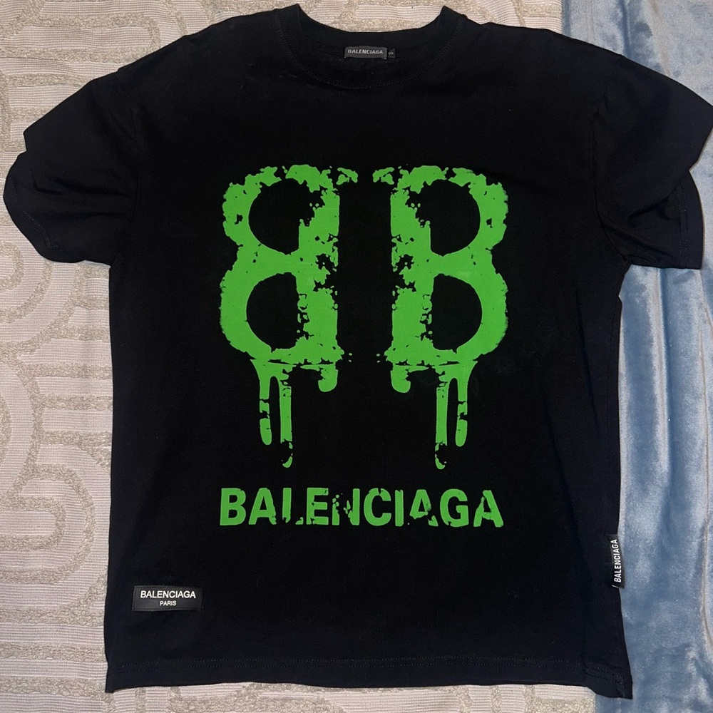 Balenciaga Black Tee with Vibrant Green Accents